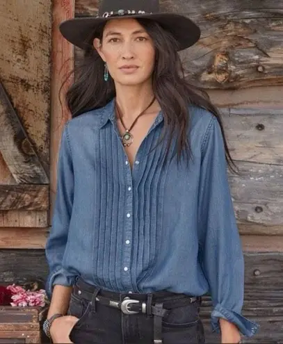 ✨Sundance Catalog TESSA Chambray Sz Large Shirt Pearlized Button✨ Blue
