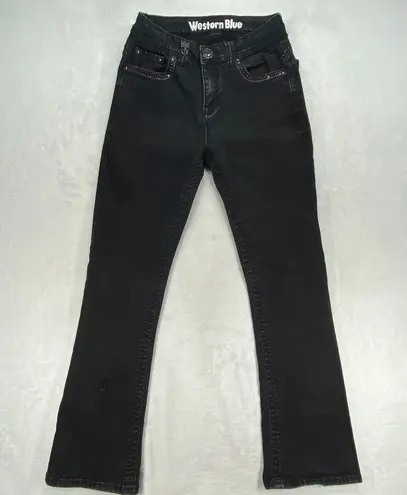 Western Blue Black Jeans Bootcut Rhinestone Embellished Denim Jeans Sz 26