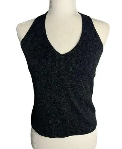 XScape Vintage Y2K  Cropped Halter Top S Black Metallic Button Neck Lined