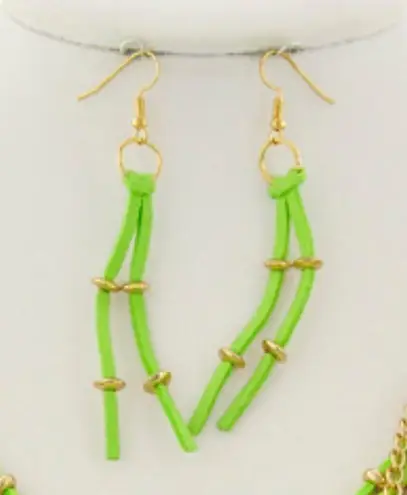 Gold Tone & Green Suede Multi Row Chain Necklace & Dangle Earring Set
