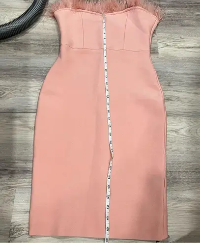 Pink Strapless Bodycon Fuzzy Feather Top Event Dress Knee Length Sexy
