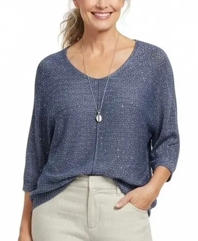 H by Halston H Halston Sequin Open Knit Sweater Womens M Blue Glam Shiny Coastal Grandmother