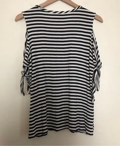 CHA CHA VENTE BLACK & WHITE STRIPED OPEN COLD SHOULDER TIE SLEEVE SHIRT TOP Size L