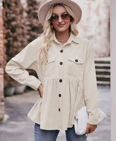 NEW Tan Corduroy Babydoll Peplum Skirt Button Front Jacket Size M