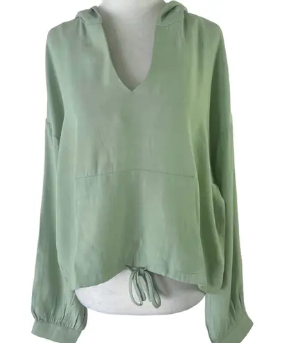 Lumière New V-Neck Hooded Top Drawstring Hem Woven Hoodie Sage