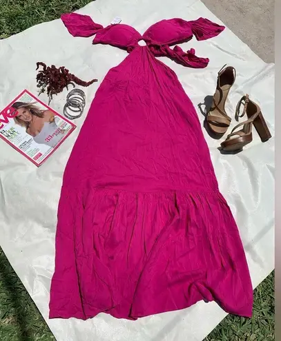 backless tiered maxi beach dress in fuchsia size S/M