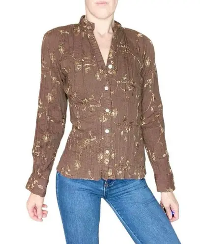 Lemon Grass Studio Vintage Y2K Brown Floral Embroidered Button Down Shirt