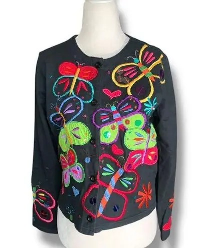 Vintage 90s Michael Simon Lite Cardigan Black Long Sleeve Colorful Butterfly