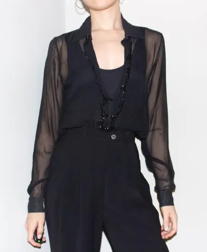 vintage 80s 90s black sheer silk beaded button shirt blouse bodysuit top