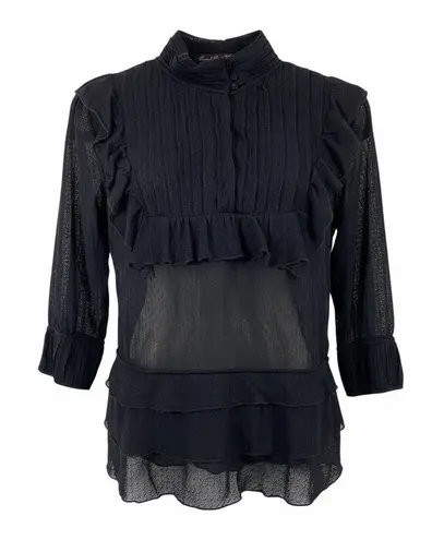 Central Park West Vintage 90s Black Lace Sheer Organza Ruffles Q/S Blouse Size P