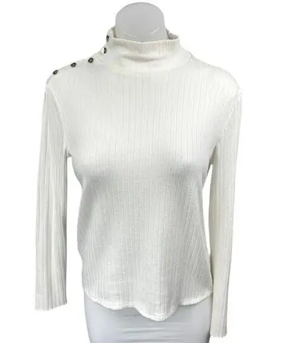 Mango MNG White Ribbed Knit Long Sleeve Button Turtleneck Sweater Top Size L Size L