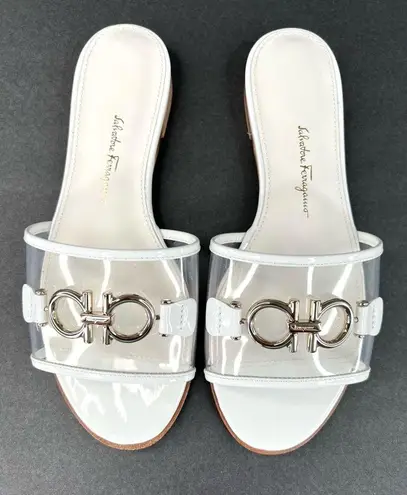 Salvatore Ferragamo Rhodes Pvc Gancini Logo White Leather Flat Sandals Size US 5