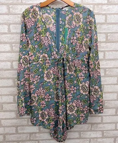 Tiare Hawaii Blue & Pink Floral Flare Sleeve Romper One Size