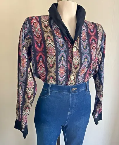 Vintage 70s Weldon Paisley Blouse Boho Disco Glam Contrast Collar M Orange Size M