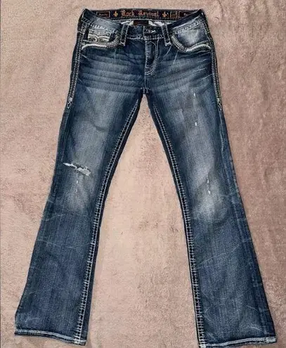 Rock Revival  Women’s Peachy Low Rise Boot  Distressed Jeans Blue Denim Size 29