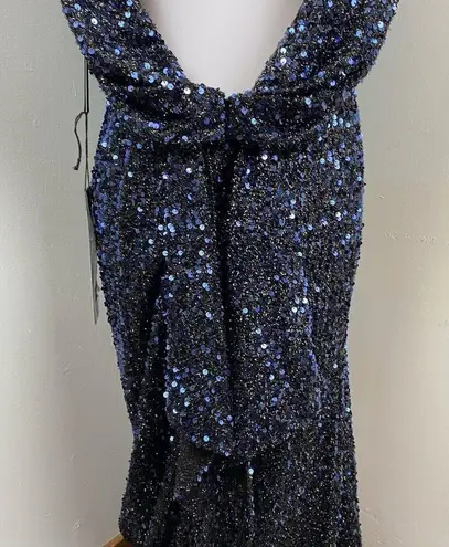 Mac Duggal Midnight Blue Cowl Back Boat Neck Sequined Evening Gown 12 $398 26331