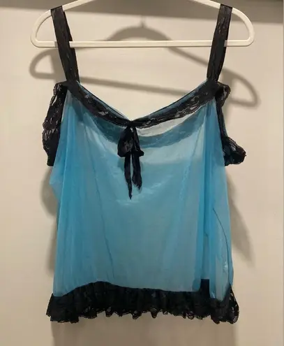 VTG 80s 90s Teal Blue & Black Lace Trim Coquettecore Babydoll Lingerie Tank Top Size XL