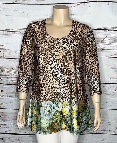 Slinky Brand Size XL Leopard - Floral Print Tunic Blouse Top