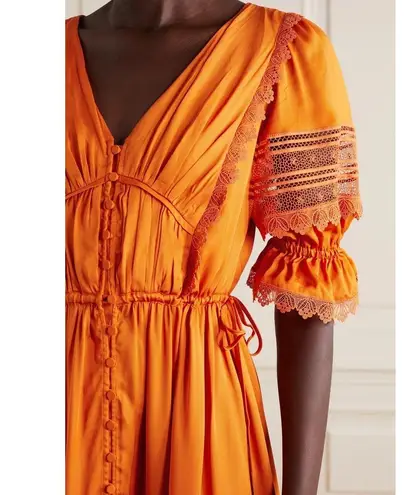 Self Portrait Lace-Trimmed Satin-Twill Midi Dress Size 6 Orange Ruffle