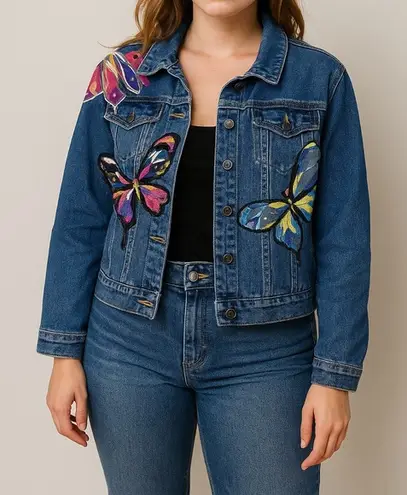 Vintage Y2K Butterfly Denim Jacket Large Embroidered Jean Blue