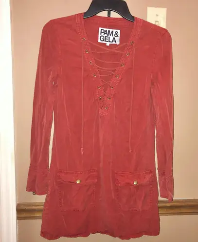 Pam & Gela Lace up Front Long sleeve Utility Dress Burnt orange XS/P