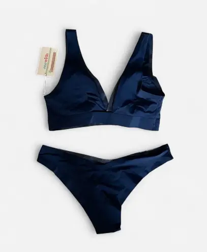 OneWith Roxbury Bikini Top & Merritt Dipped Cheeky Bottoms Set Small Blue