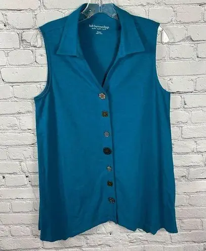 Soft Surroundings Women’s Sleeveless Mismatched Eclectic Button Teal Shirt M