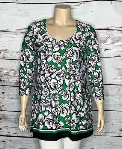 Slinky Brand Size XL Green & White Floral Print Tunic Blouse Top