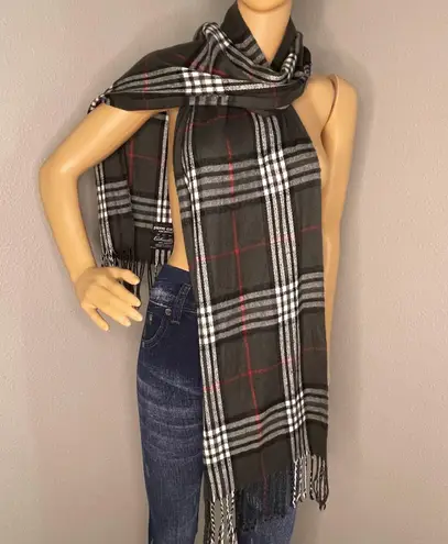Pierre Cardin Cashmillion Plaid Scarf Black White Gray Red With Fringe