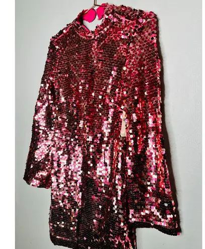 Maeve ANTHROPOLOGY Pink Sequin Mock Neck Bell Sleeve Mini Dress NWT Size XS