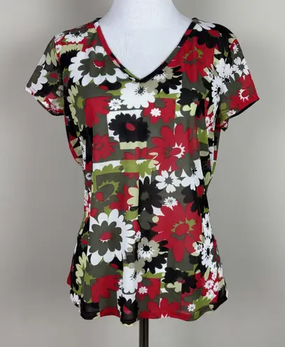 Y2K Faith Love Passion Top Womens Large Floral Retro Sheer Short Sleeve V