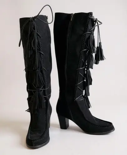 JoyFolie Cheyne Black Suede Knee High Boots Tassel Detail Lace Up 10 Boho