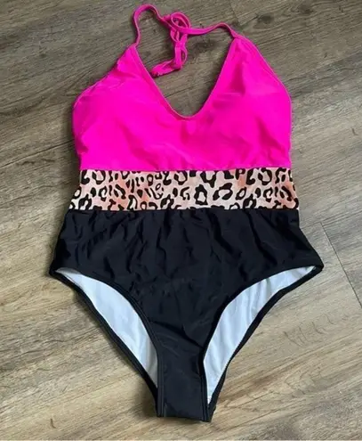 Rose Splicing Leopard Print Color Block One Piece Swimsuit Women’s Size Medium Pink