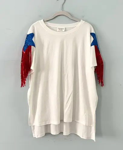 Fantastic Fawn Sequin Shoulder Star White Cotton Short Sleeve Tee