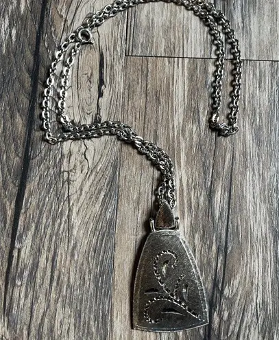 Vintage Stainless Steel Flower Engraved Etched Pendant Necklace with Long Chain Silver