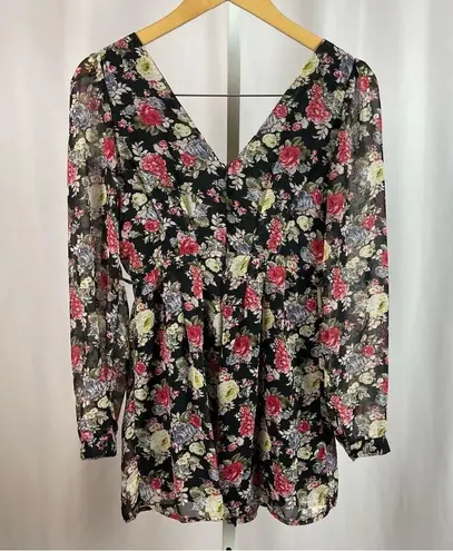 B_Envied Large Rose Floral V Neck Sheer Sleeve Mini Skirt Formal Pleat Flowy