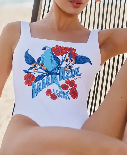 Farm Rio Blue Macaw High-Leg One Piece Swimsuit, Size M