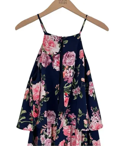 Lulu’s In the Garden Navy Blue Floral Print Romper size Large Apron Neckline