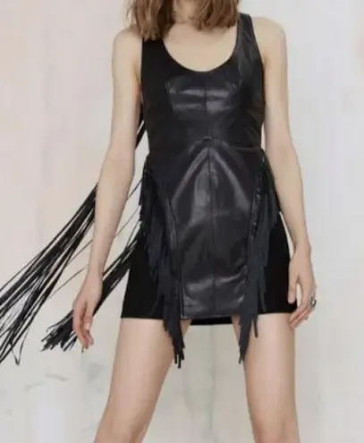 Nasty Gal  Black Leather Suede Sleeveless Mini Dress Long Fringe Mesh Back Small