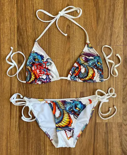 Ed Hardy Vintage Y2K Rare White Blue Dragon String Triangle Edgy Bikini Set