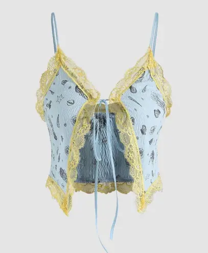 Cider Beachy Sky Blue Crop Tank and Skirt Set with Yellow Lace Y2k Medium