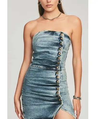 Retrofête Retrofete Megh Strapless pleated Denim Mini Dress Marble Sky Button Front XS