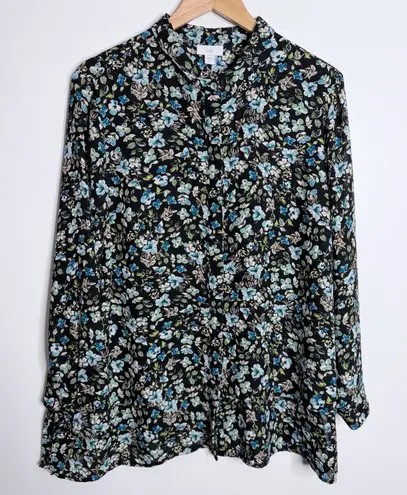 J. Jill Button Down Layered Tunic Top Blouse Large Petite Long Sleeve Floral Black Size undefined