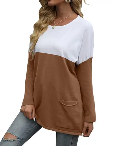 Loose Long Sleeve Color Block Pullover With Pockets Brown Camel Small