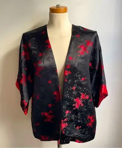 Handmade Vintage Silk Damask Floral Crop Kimono Jacket Black Red Asian One Size