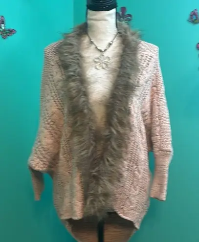 On Blue Cardigan Faux Fur Trim Sweater Pink