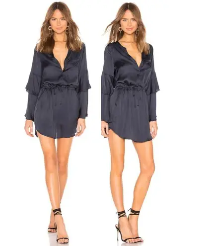 Chaser NWT  Tiered Bell Sleeve Button Down High Low Shirttail Dress Ink Navy Sz M