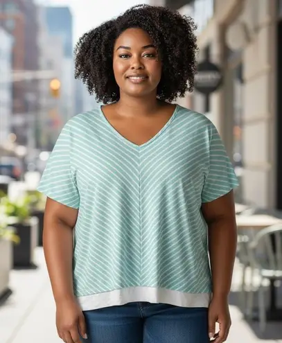 Catherines Green & White Chevron 3/4 Sleeve Boxy Tunic with Ruffle