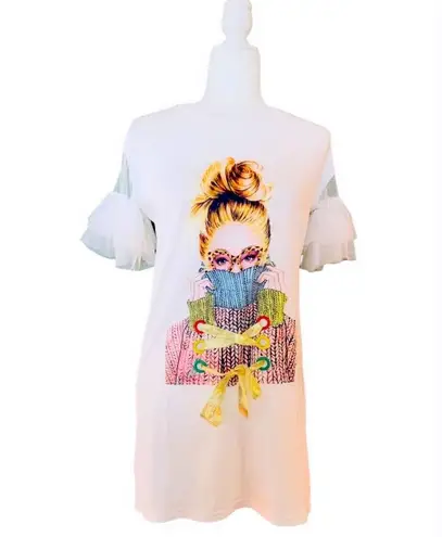 Printed Bandage Drawstring Loose Pullover White Size M