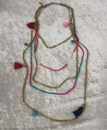Plunder gold tone beaded multi strand necklace colorful bright tassels pompoms